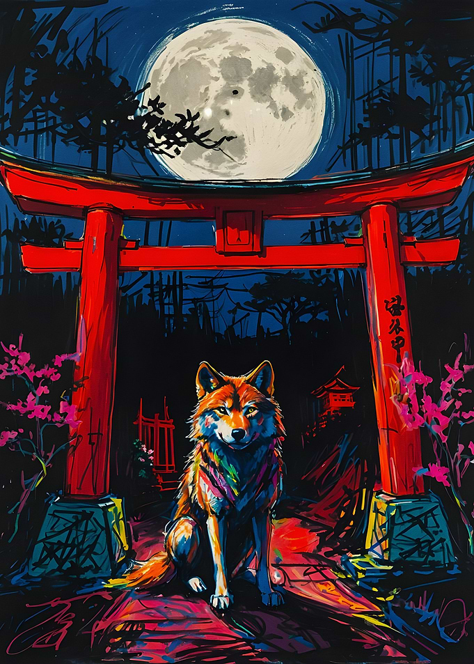 The wolf sits in front of
