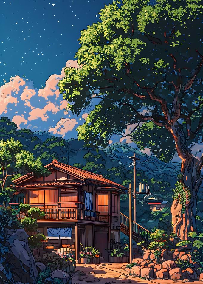 Japanese House Under Starry Sky