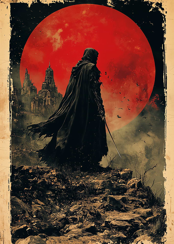 Dark Figure Under Red Moon