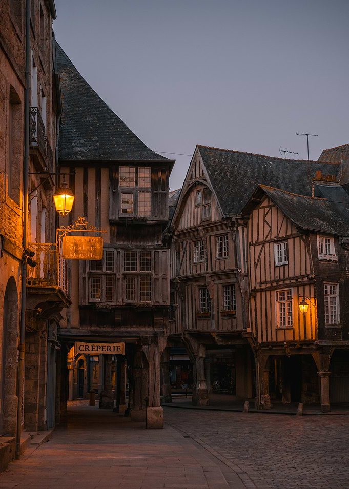 Dinan Medieval Street at Dusk - Brittany, France