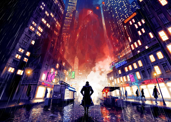 Rainy Cityscape with Red Glow