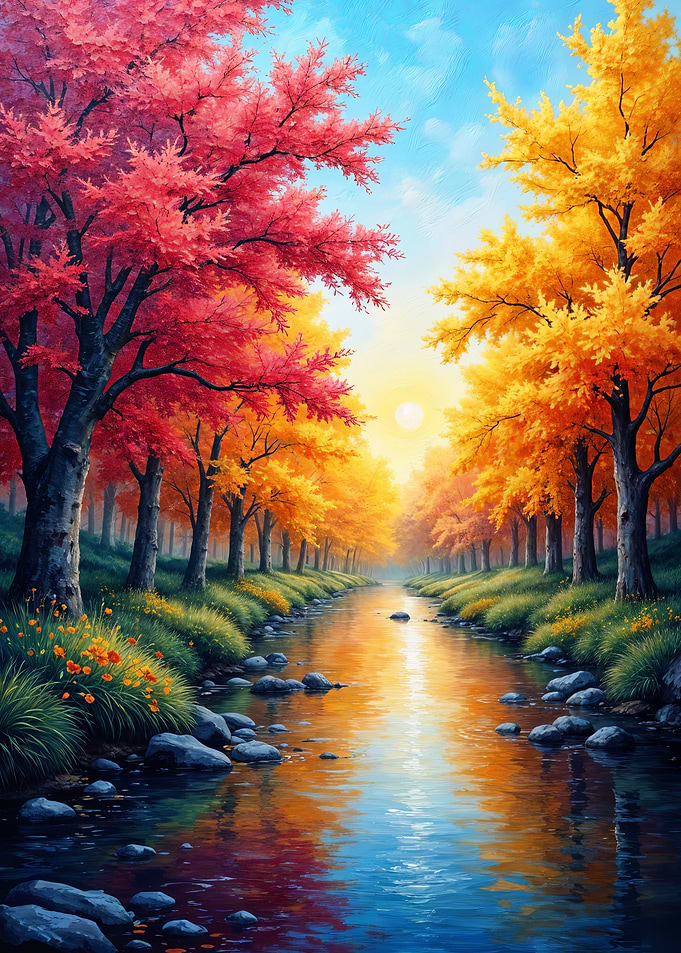 Autumn River Landscape Oil Painting