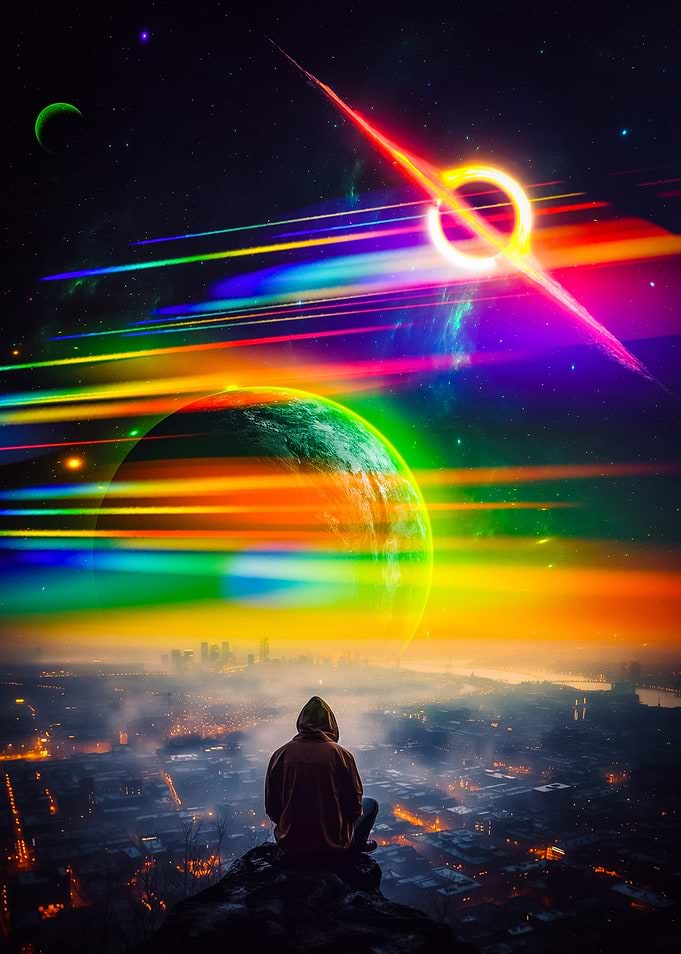 Overlooking the cosmic cityscape with a view of the universe