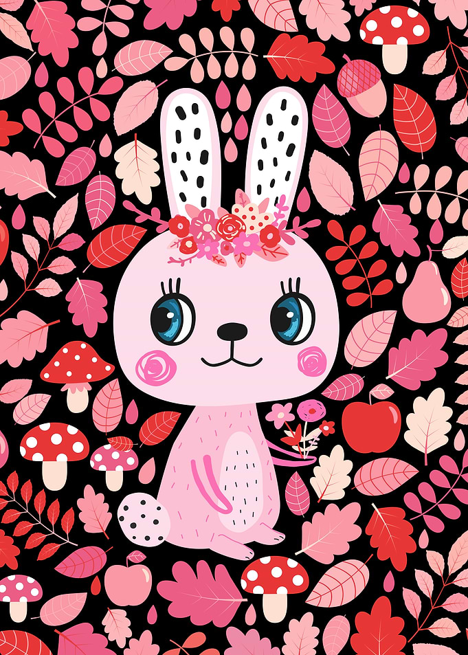 Cute Pink Bunny Animal and Autumn Leaves, Kawaii Pet Rabbit