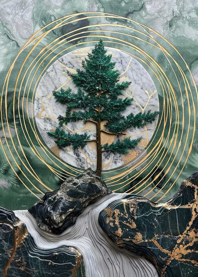 3D Green Tree and Marble Moon