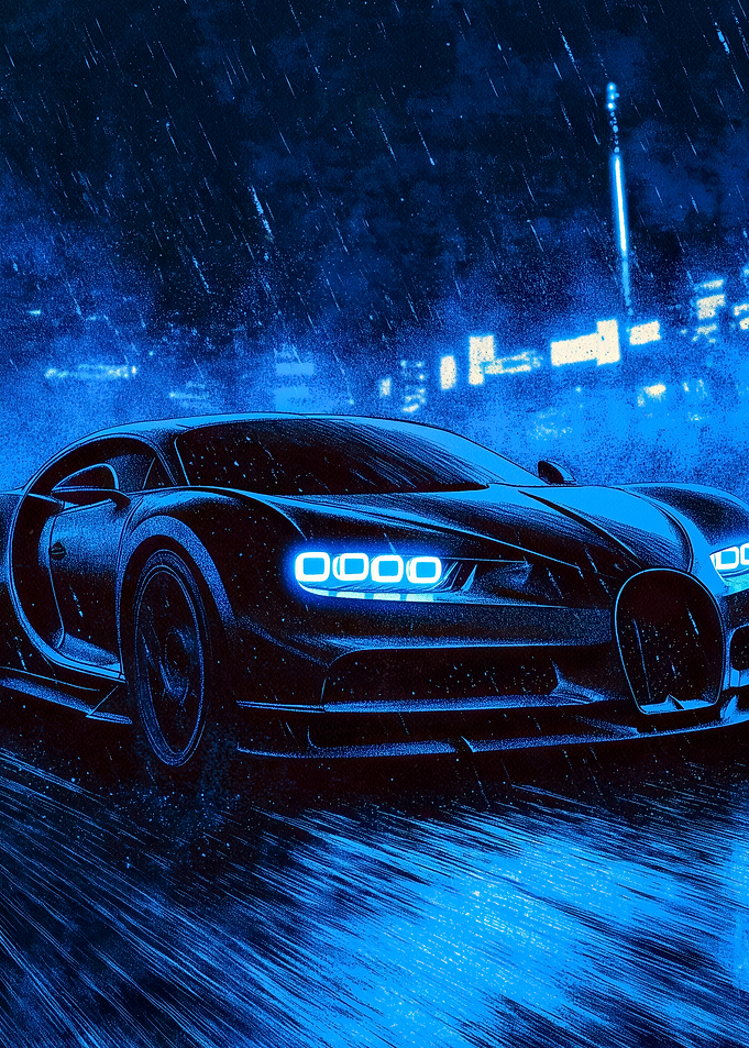 Blue Bugatti in the Rain