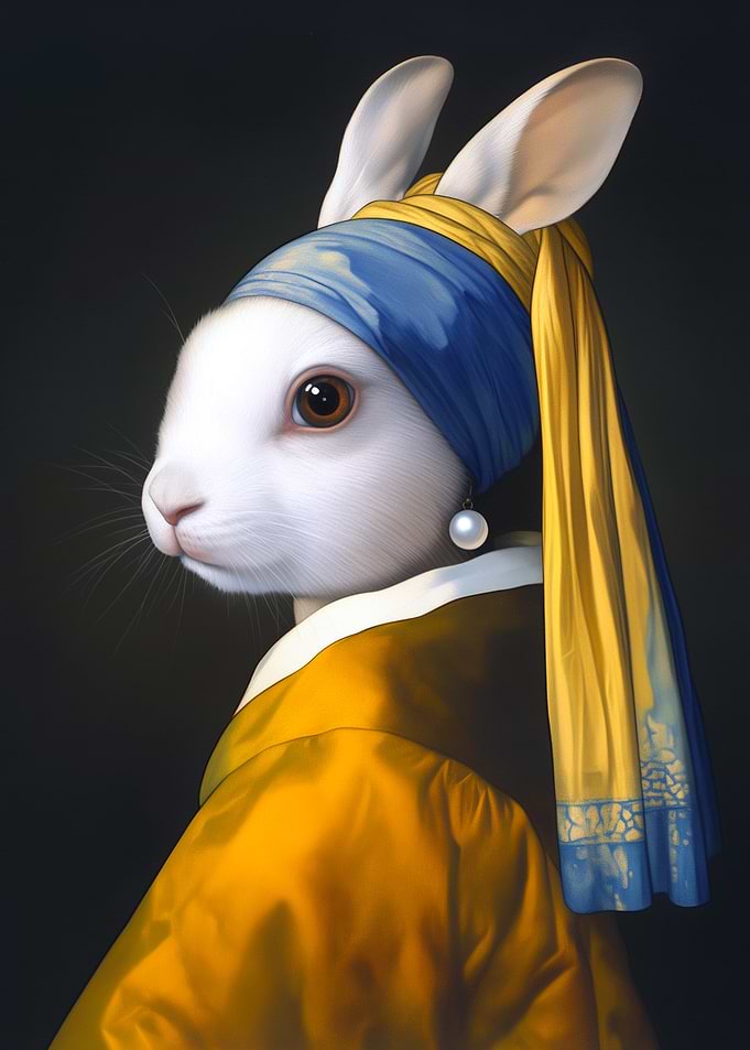 Vintage Rabbit Girl with Pearl Earring