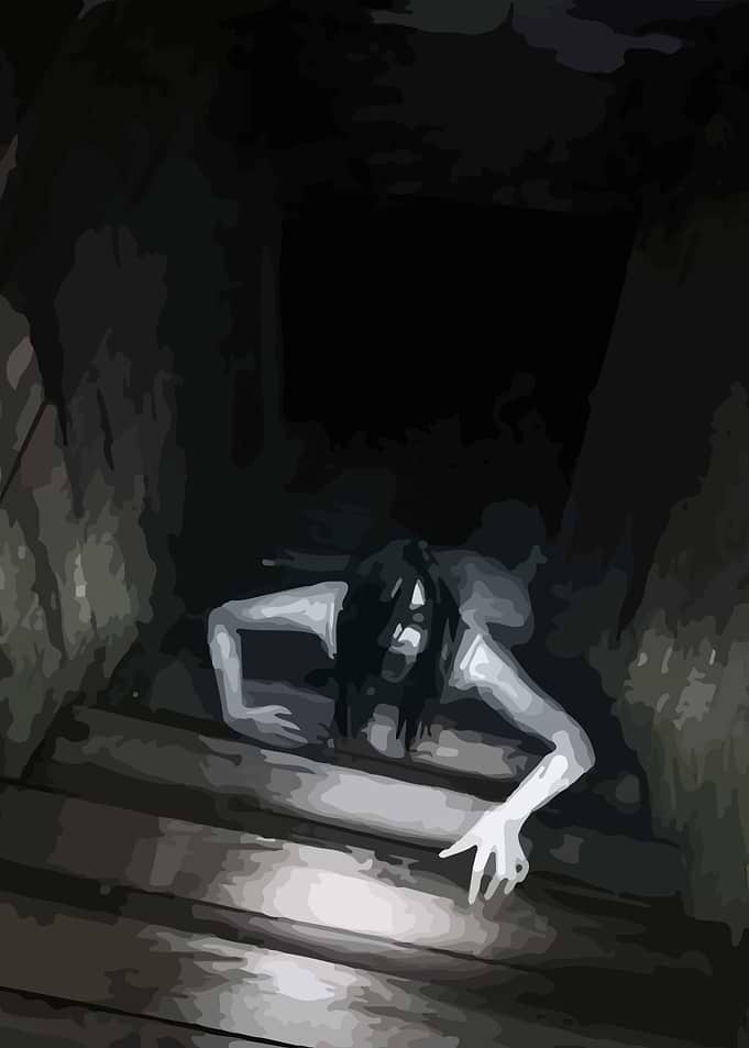 Ghostly Figure in Dark Stairwell