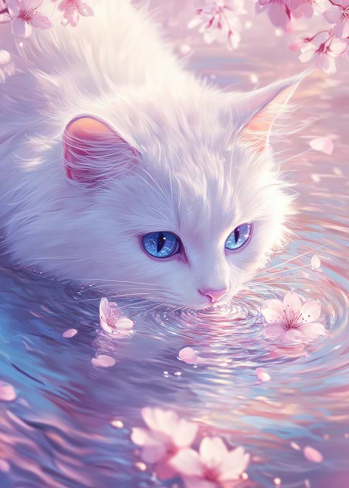 White Cat And Cherry Blossoms