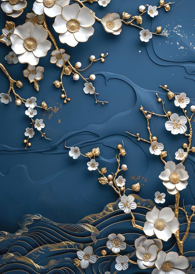 3D White Cherry Blossoms on Navy Blue