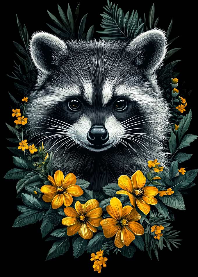 Raccoon with Flowers