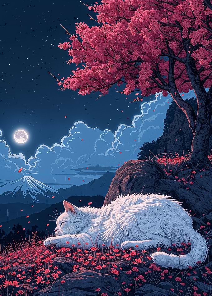 Cute Cat Sleeping Sakura