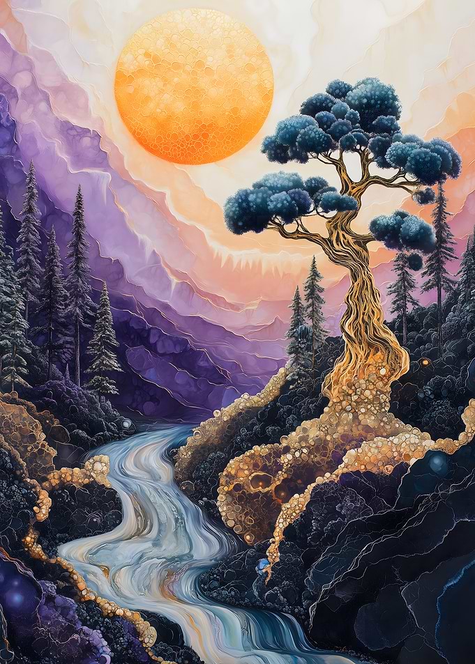 Golden Tree Bonsai and River Aesthetic texture