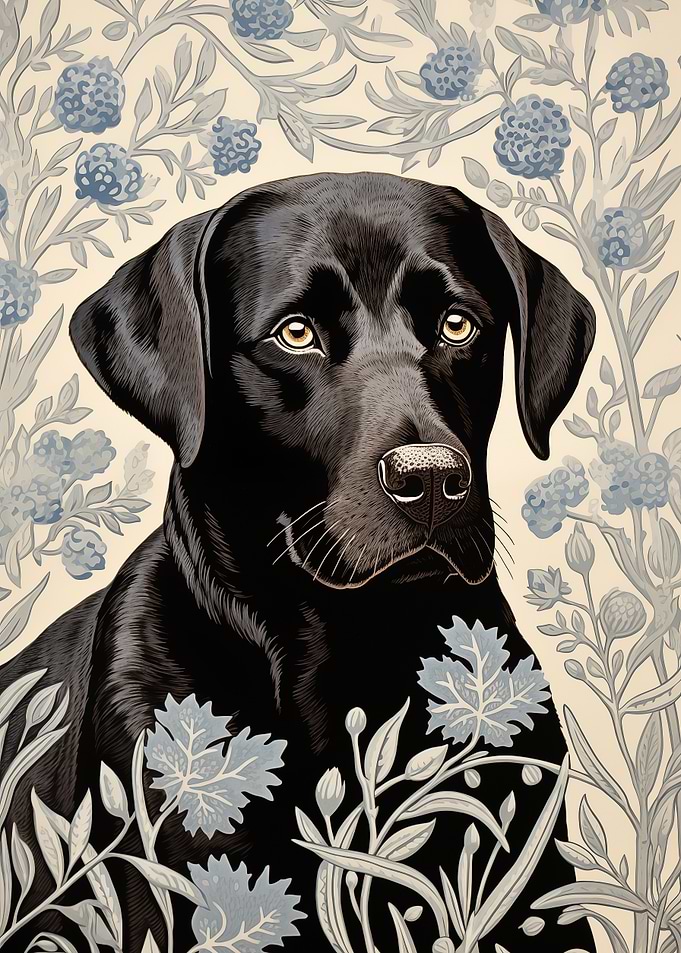 Black Labrador in Floral Pattern