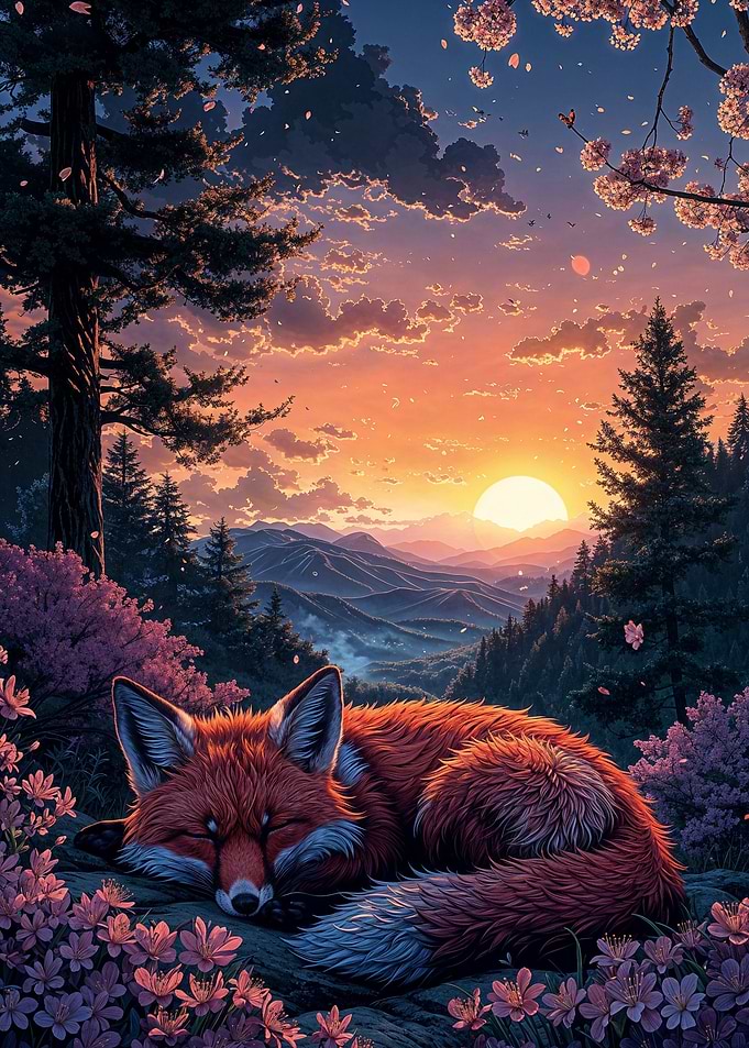 Cute Fox Sleeping Sakura
