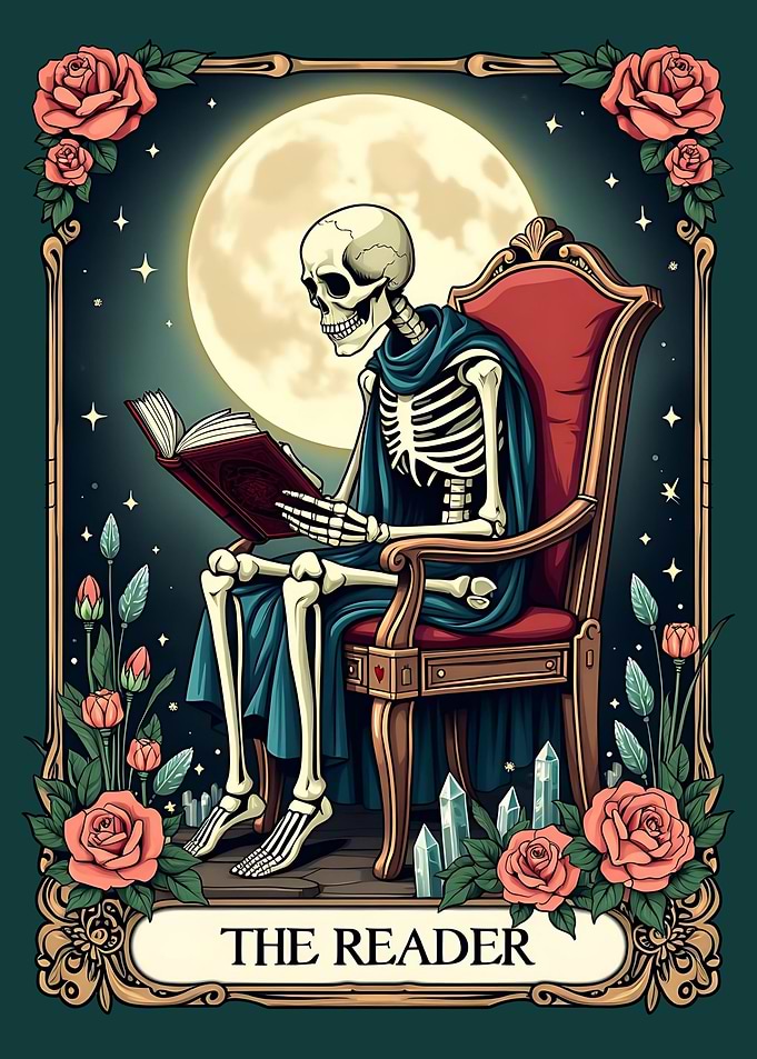 The Reader Tarot Card Skeleton Reading a Book