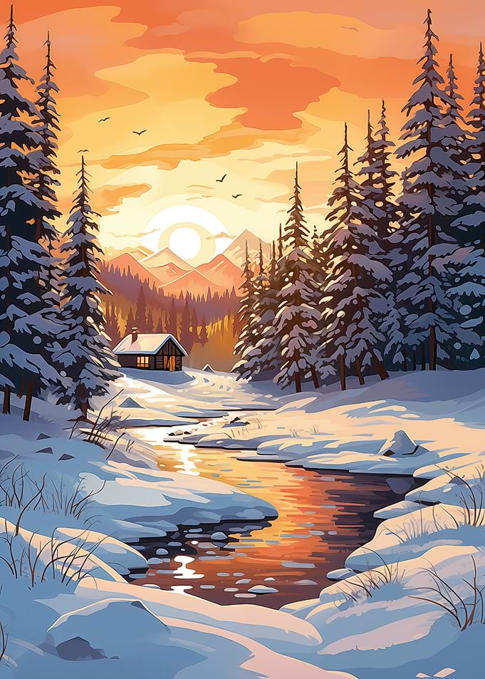 Winter Cabin Sunset