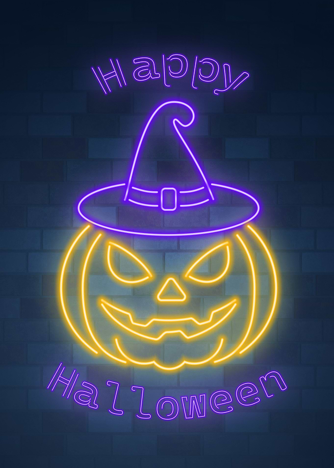 Neon pumpkin in witch hat