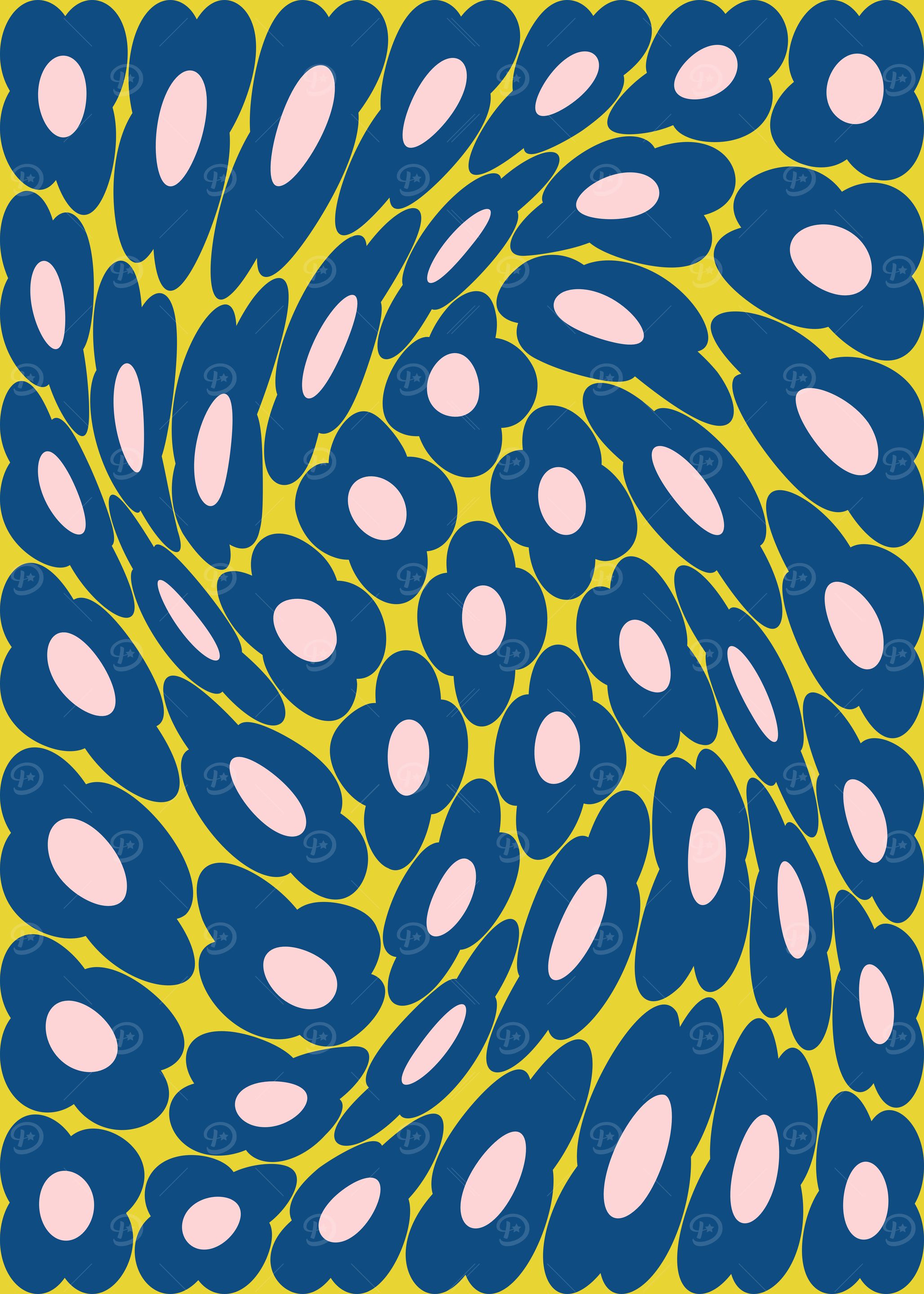 Bold Groovy Retro Floral Navy Pink Abstract Optical Pattern