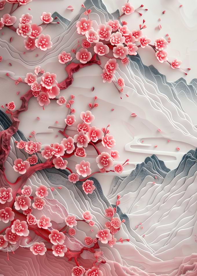 3D Japanese Cherry Blossom Mountain Scenery