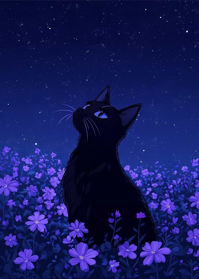 Black Cat Under Starry Night