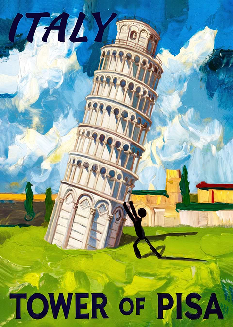 Leaning Tower of Pisa — vintage travel poster on metal