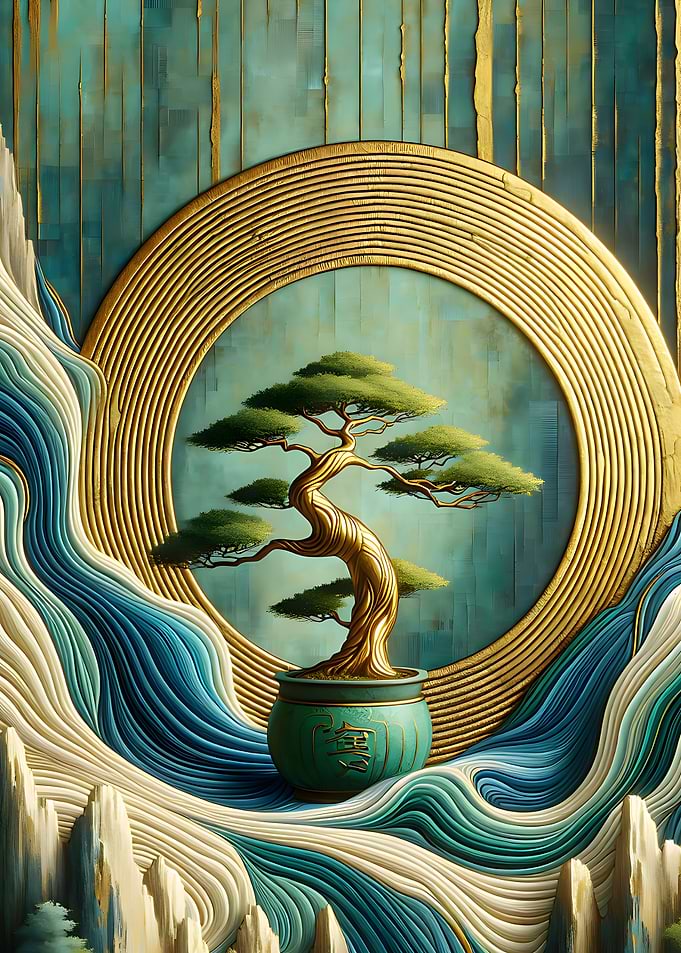 Japanese Bonsai Tree in Gold Circle