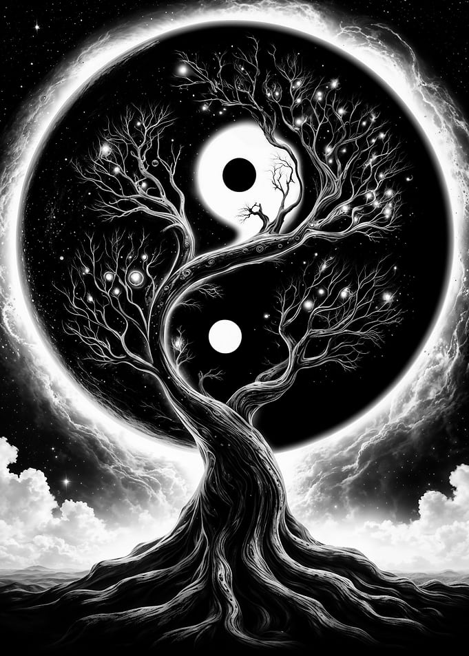Black and White Yin Yang Space Tree