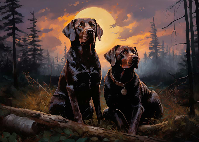 Chocolate Labradors at Sunset