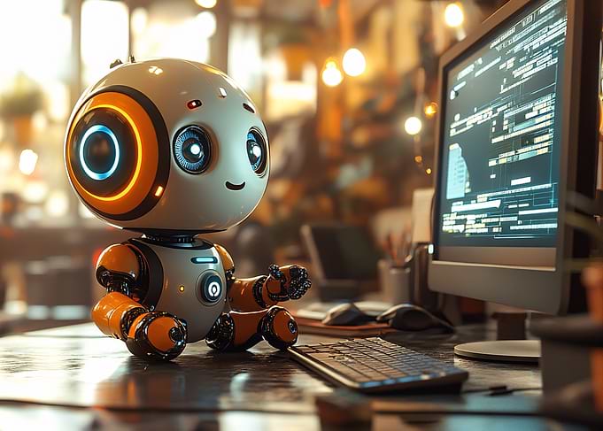 Cute Robot at Computer
