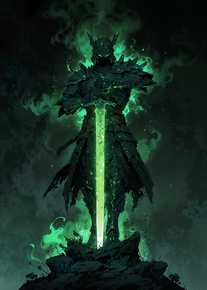 Green Knight with Glowing Sword sourrounded by light mist