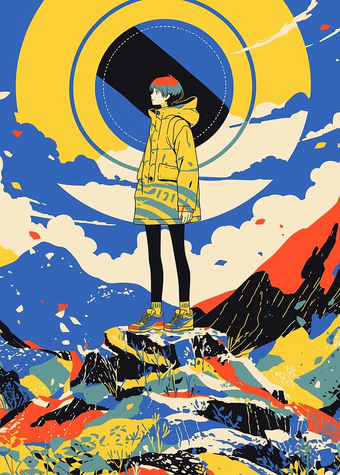 Girl in Yellow Jacket on Mountain