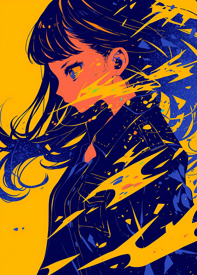 Anime Girl with Yellow and Blue Splashes