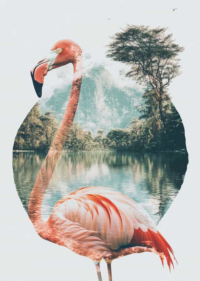 Pink Flamingo with Tropical Landscape