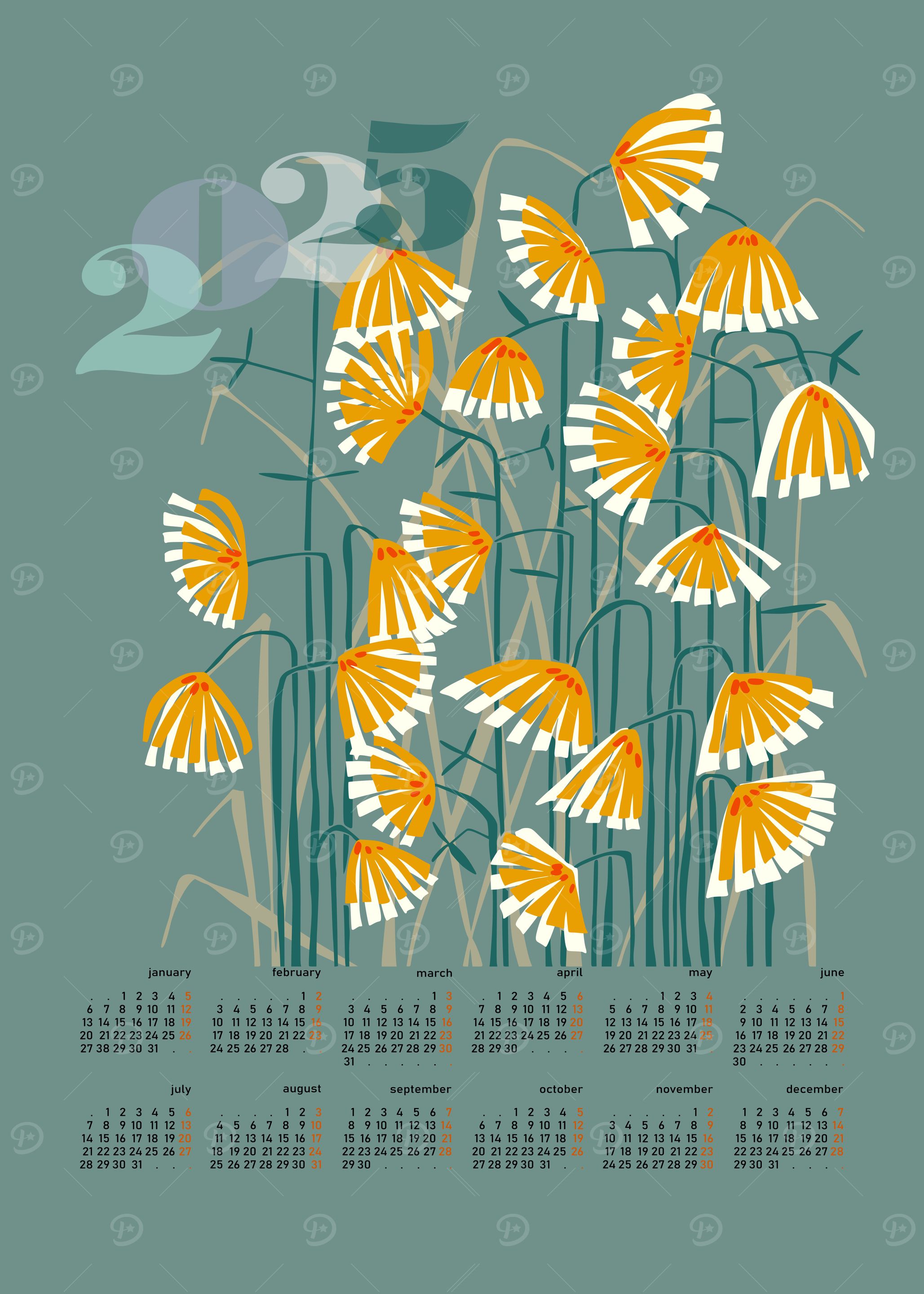calendar 2025 linocut meadow green