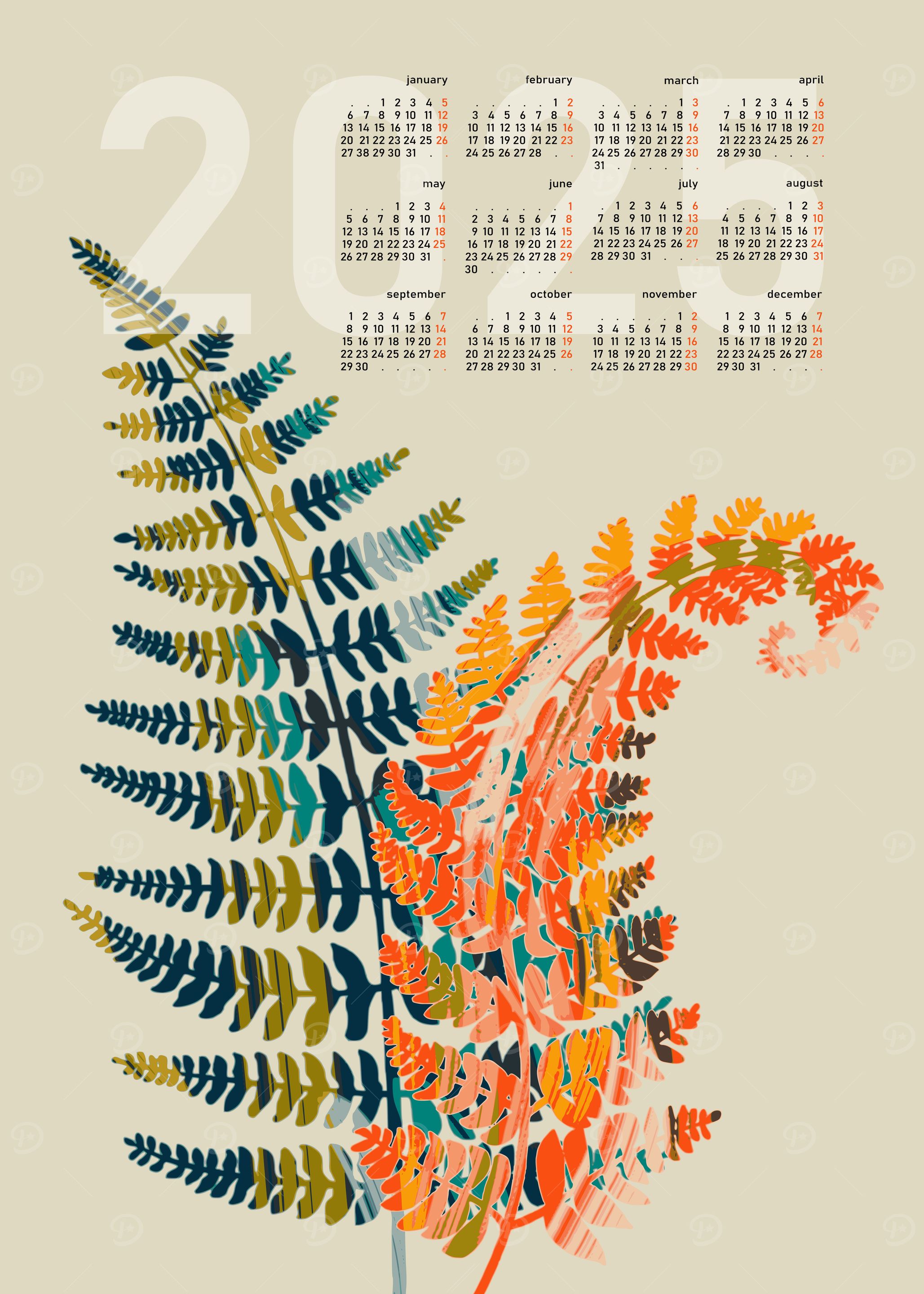 2025 Calendar colorful Fern