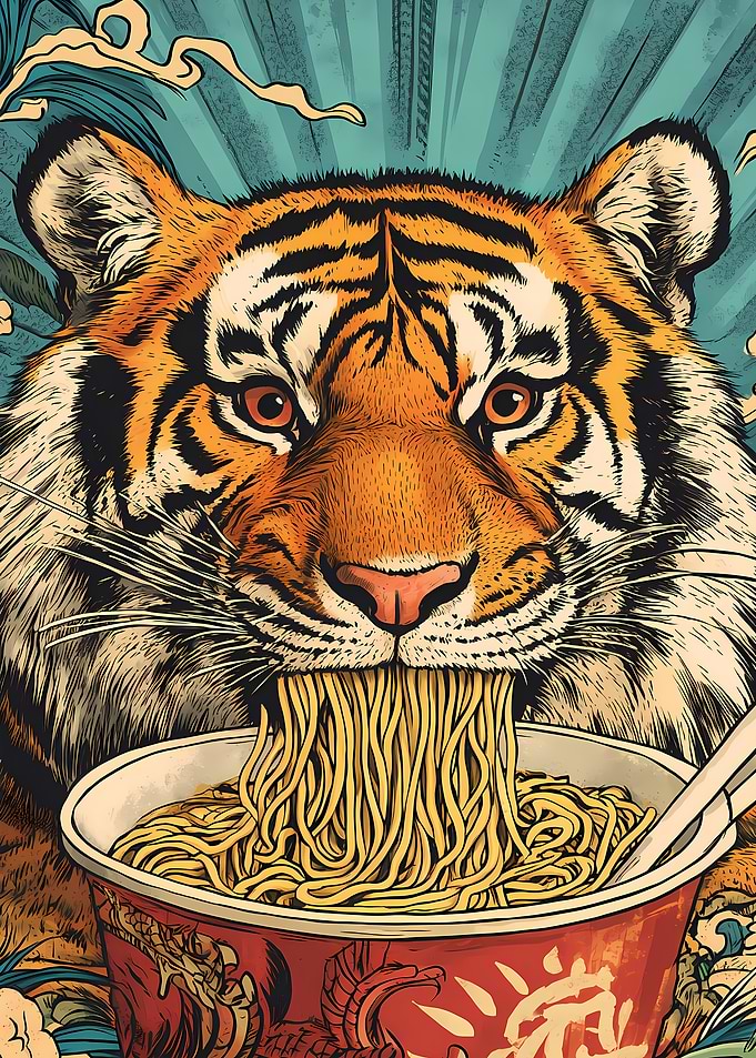 Tiger Eating Ramen Noodles