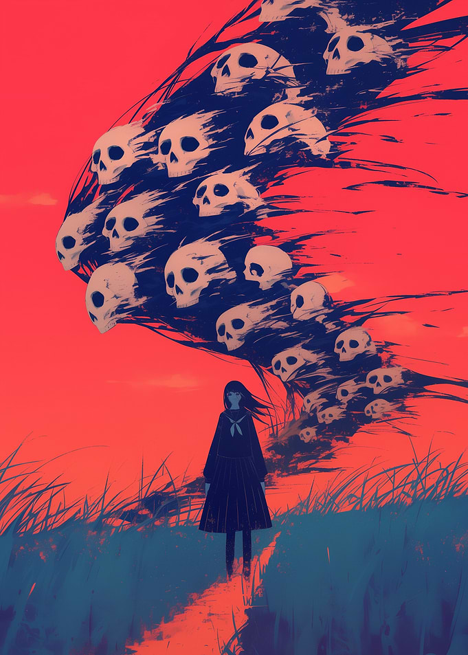 Girl Facing Skulls