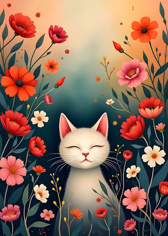 Whimsical Cat Among Blooming Flowers Fine Art
