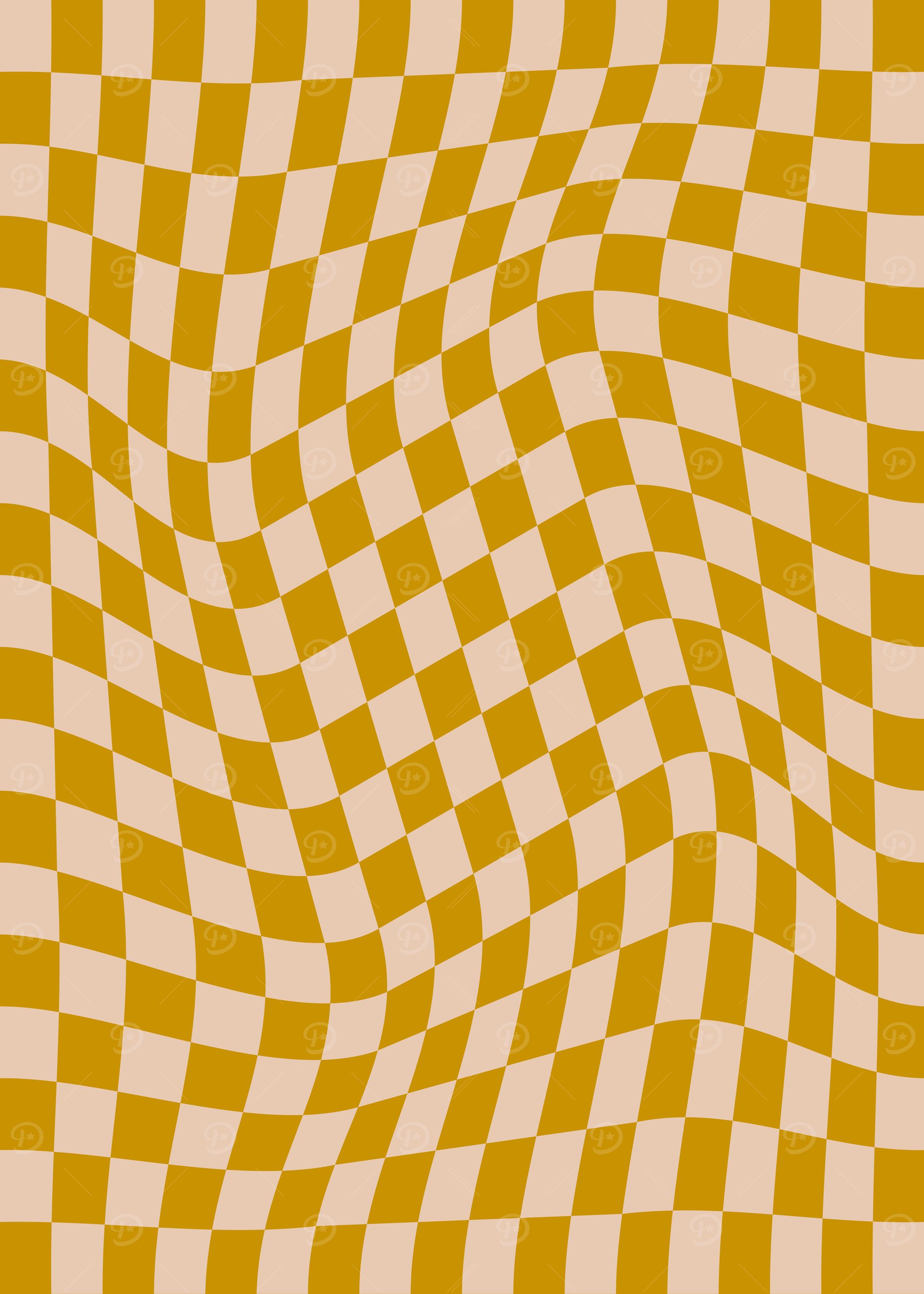 Retro Wavy Abstract Checkerboard in Mustard Yellow
