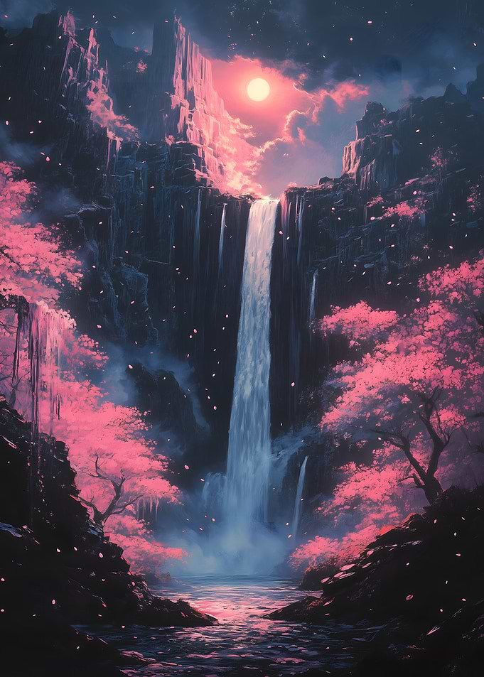 Waterfall in a Dreamy Forest Cherry Blossom