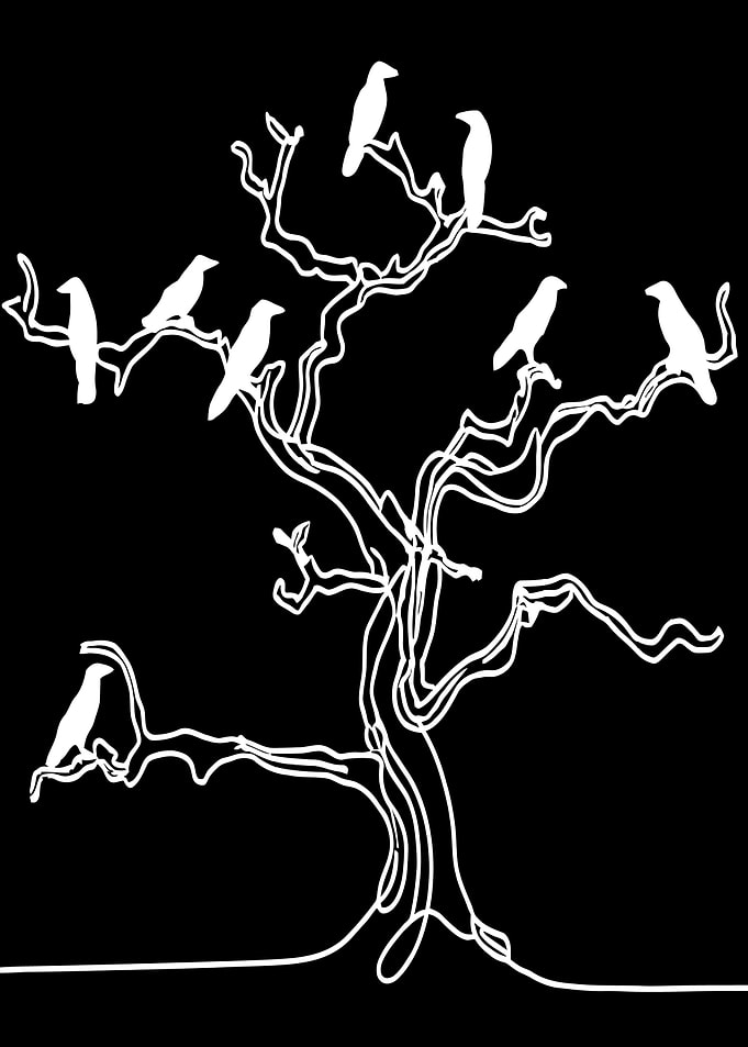 Crows on a Bare Tree Line Drawing