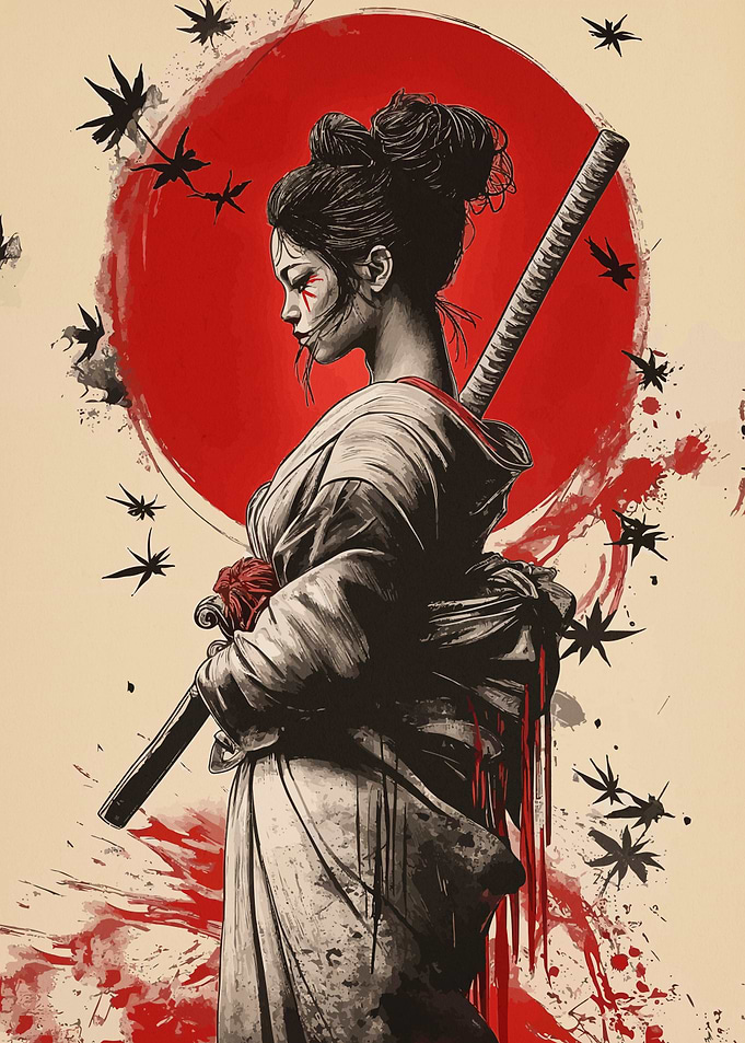 Samurai Woman with Red Sun