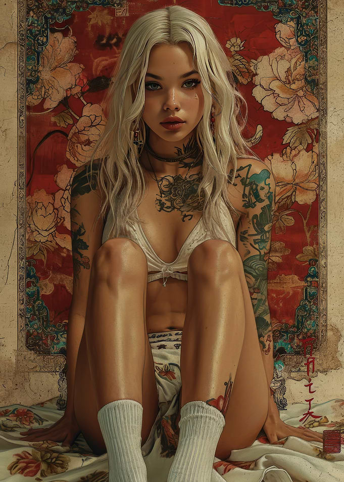 Tattooed Woman in White Lingerie