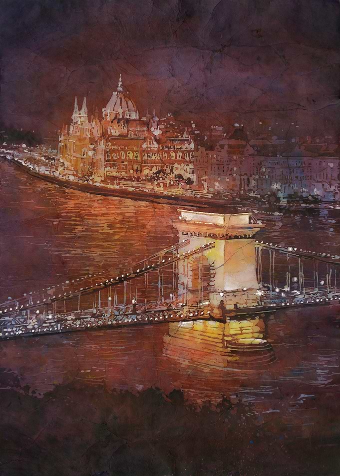 Budapest skyline watercolor landscape Hungary handmade item art for house travel essentials home decor batik painting