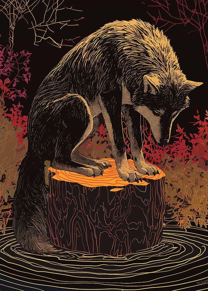 Wolf on Tree Stump