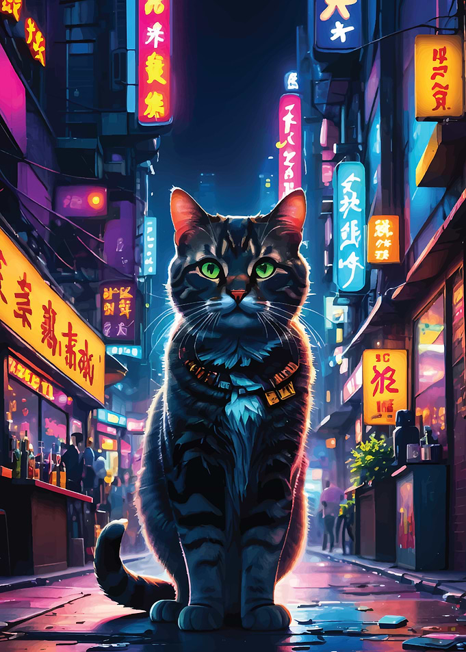 Cyberpunk Cat in Neon City
