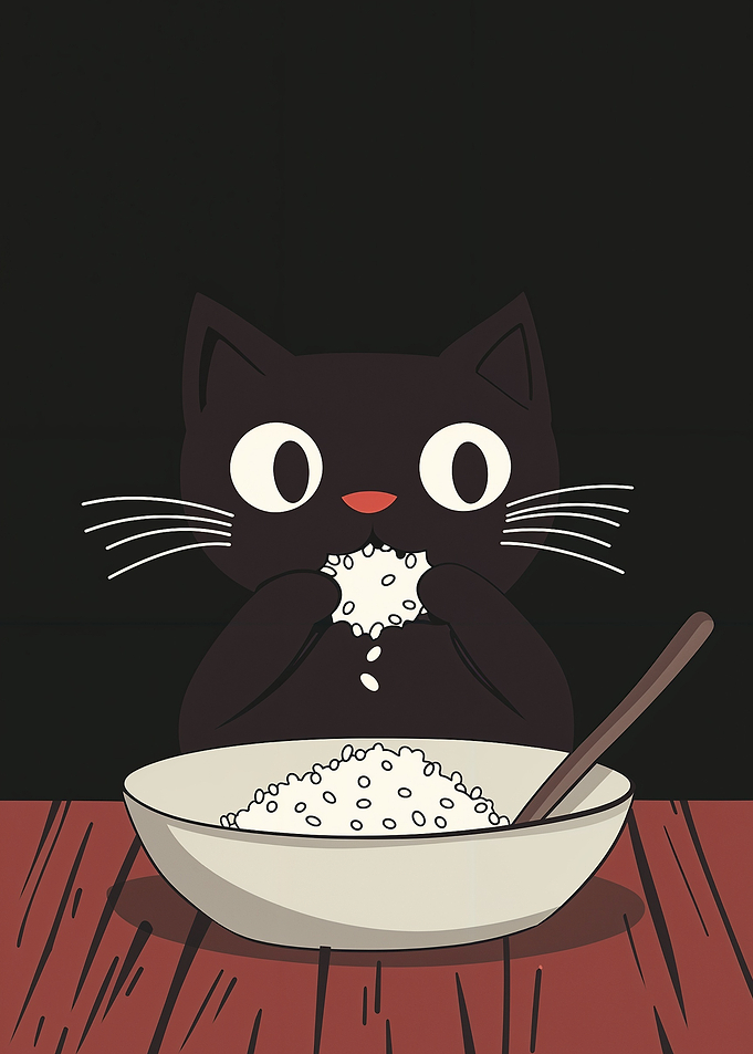 Black Cat Eating Rice