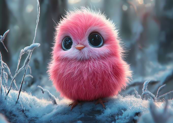 Pink Fluffy Bird in Winter