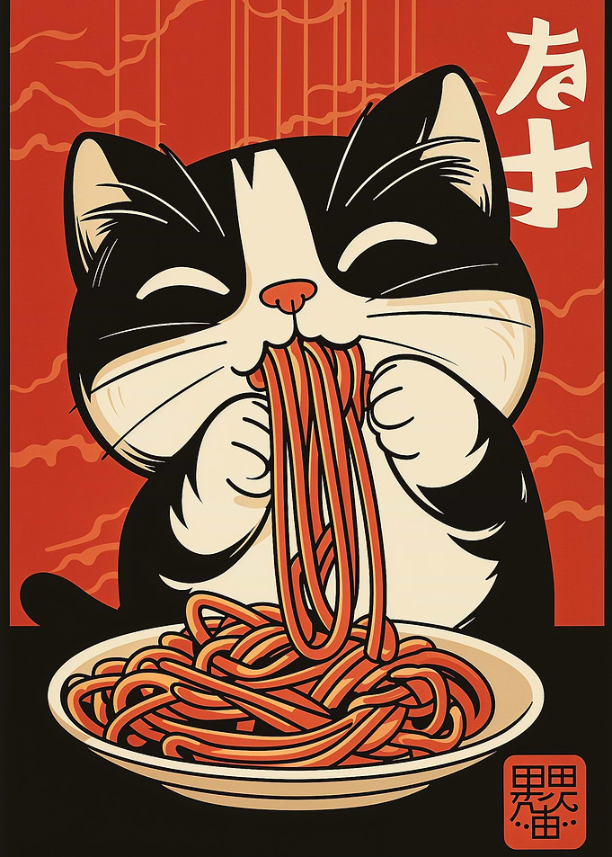 Cat Eating Noodles